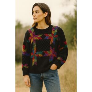 Knitting Needles Knitted By Hand Wool and Cotton Blend Crewneck Vintage Sweater